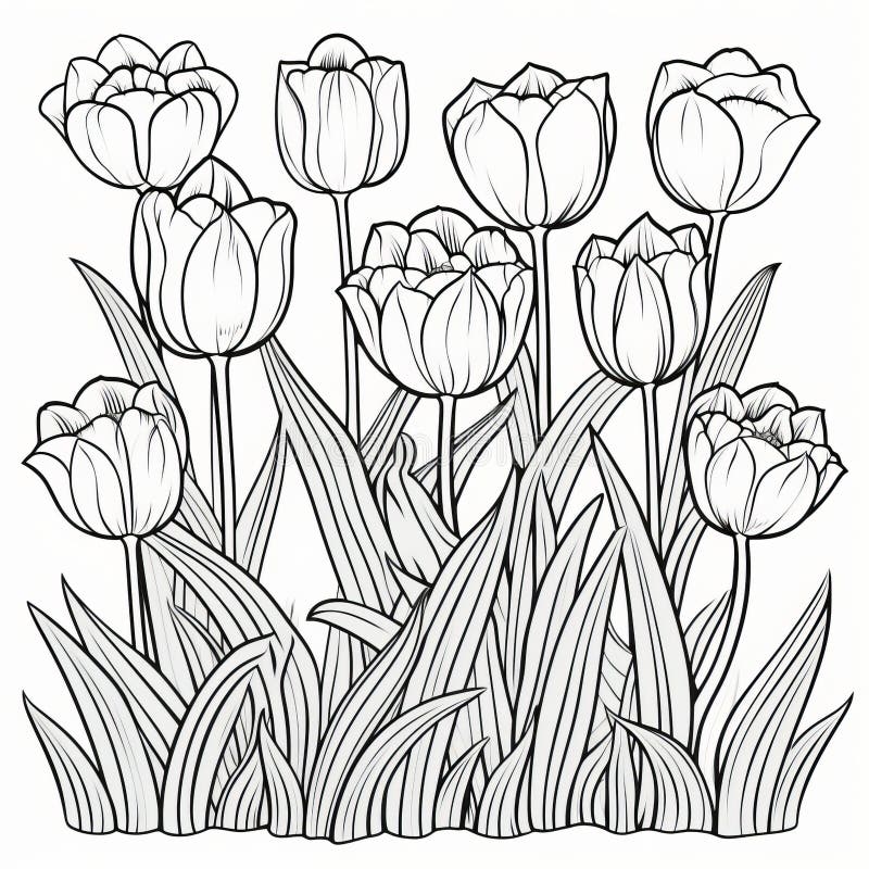 Black and white tulip garden linear illustrations for coloring pages stock illustration