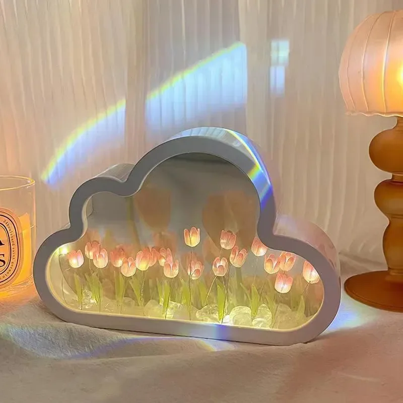Tulip mirror lamp cloud diy tulip night light girl bedroom ornament tulipane photo frame mirror table lamp birthday gift