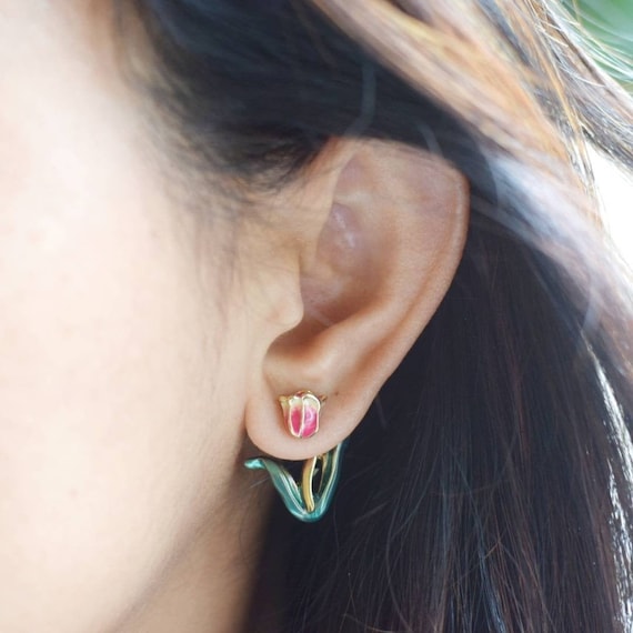 Tulip earrings tulip ear jackets pink tulip earrings white tulip earrings gift for mom unique tulip earrings fun tulip earrings tulip