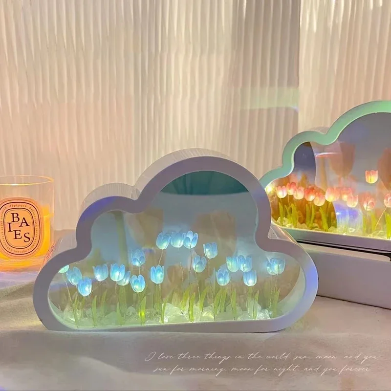 Tulip mirror lamp cloud diy tulip night light girl bedroom ornament tulipane photo frame mirror table lamp birthday gift