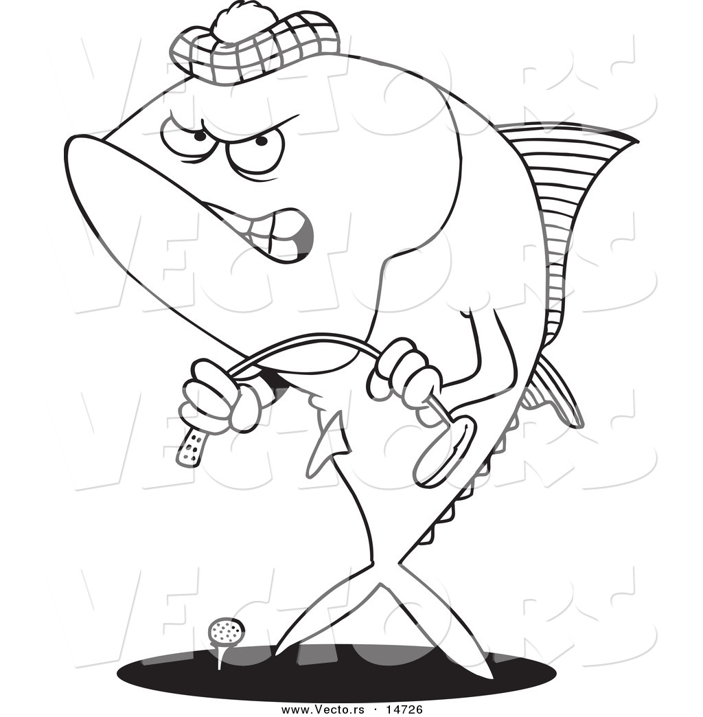 R of a cartoon mad tuna fish playing golf