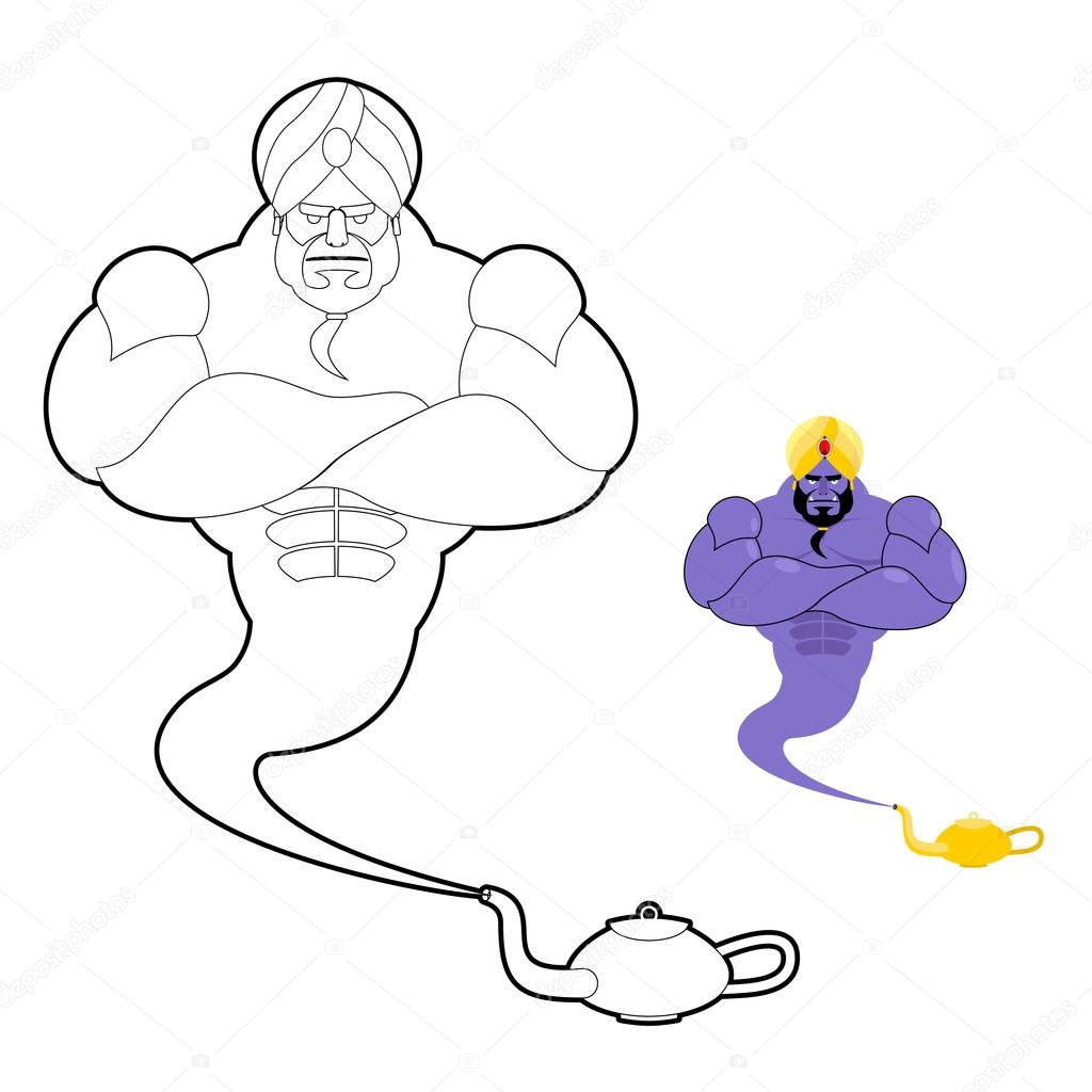 Genie and magic lamp coloring book strong man in turban fant stock vector by popaukropa
