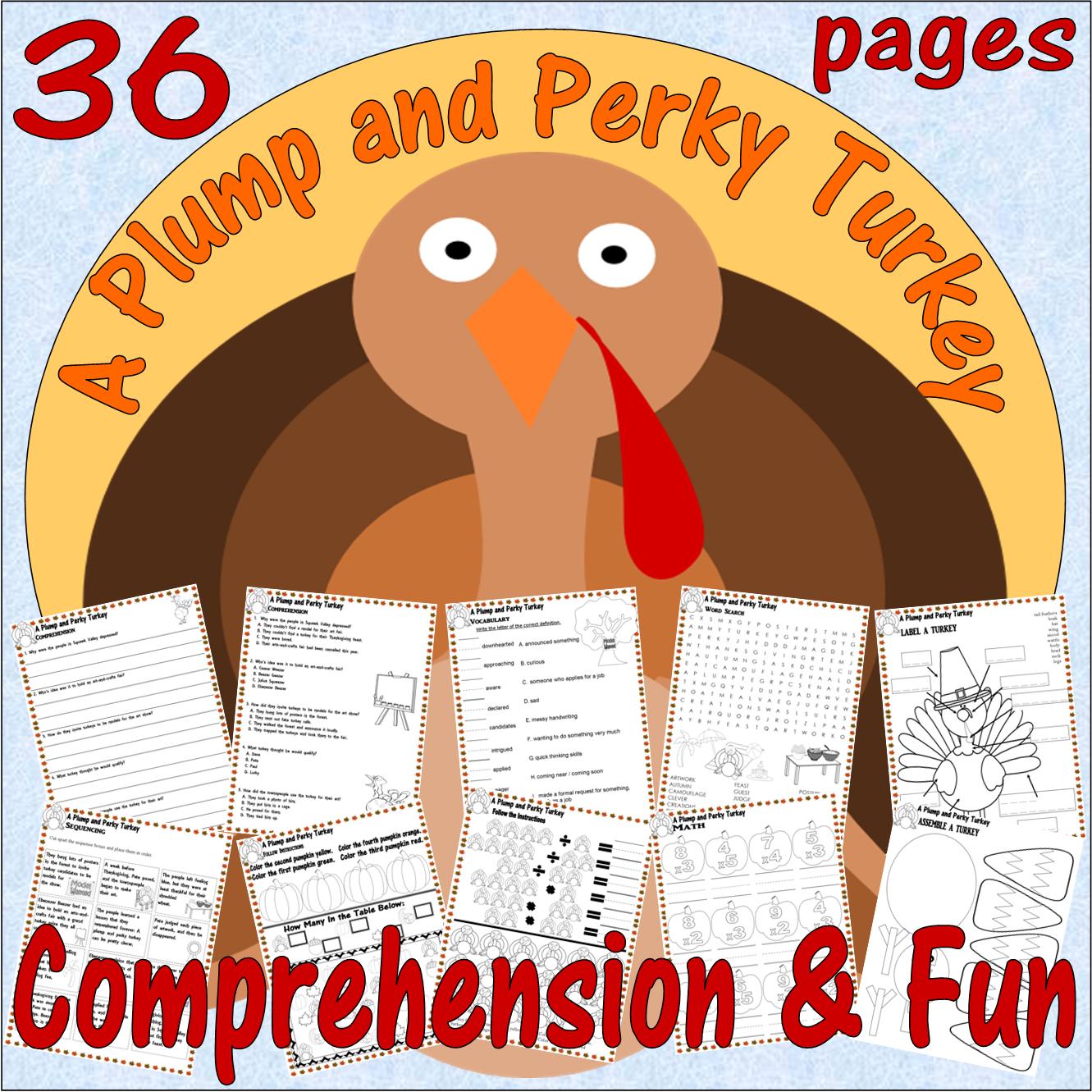 Plump perky turkey thanksgiving book study panion reading prehension literacy quiz fun worksheets