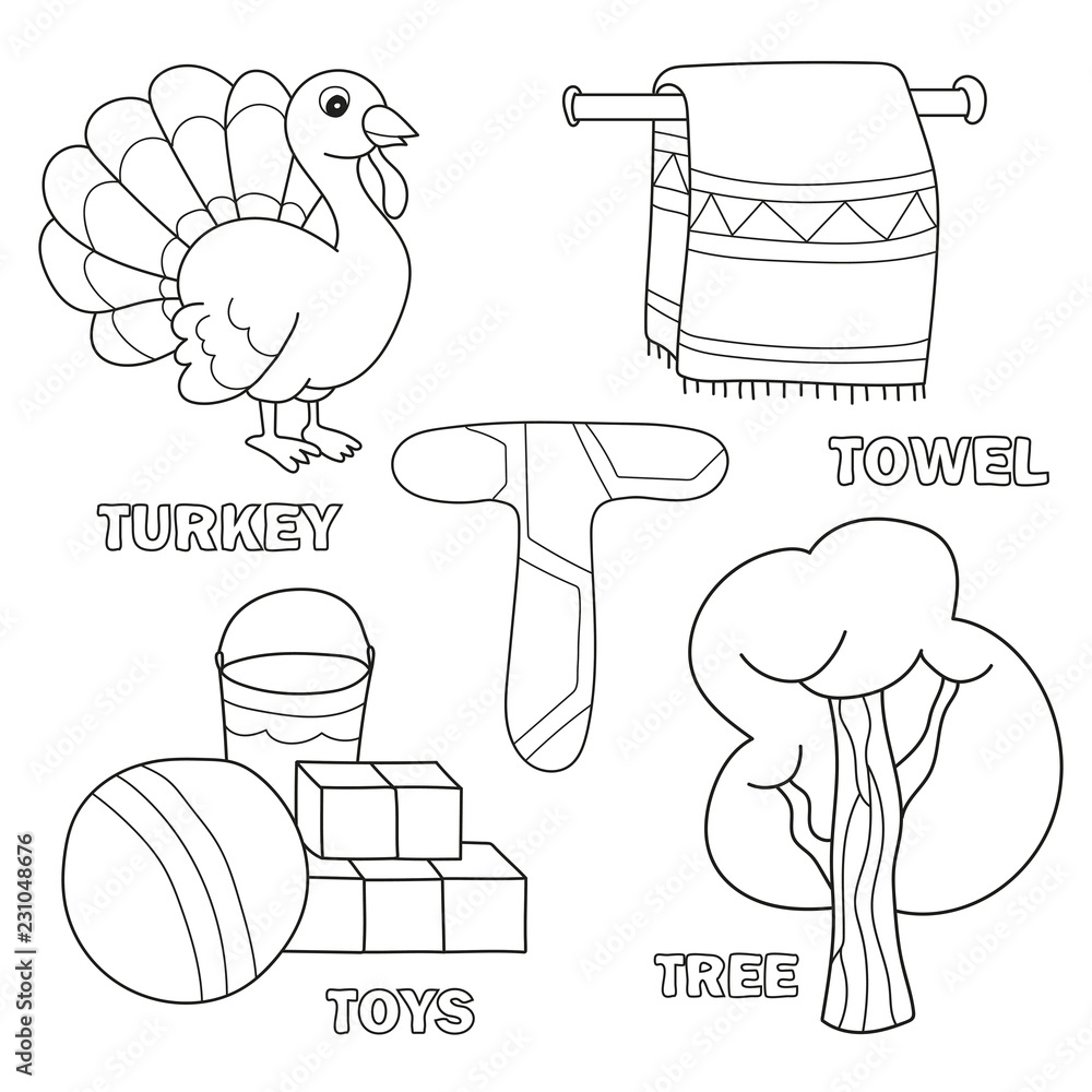 Kids alphabet coloring book page with outlined clip arts letter t