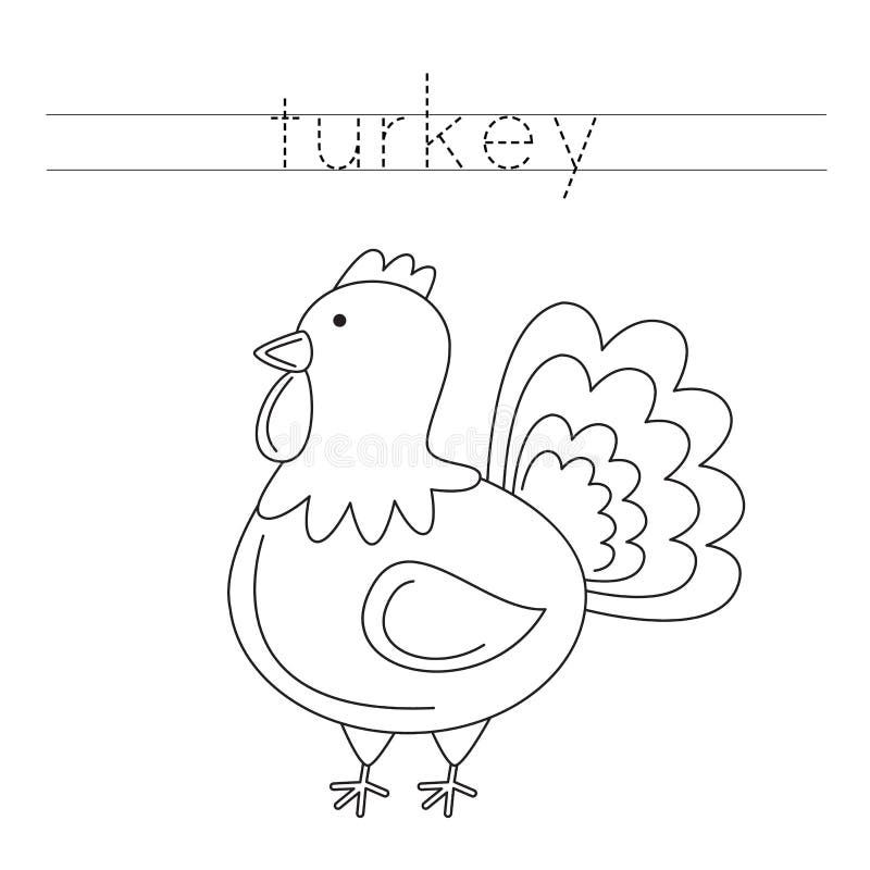 Trace the letters and color turkey handwriting practice for kids stock vector