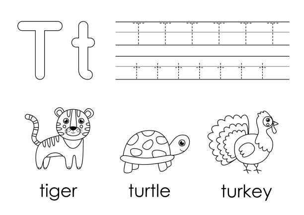 Learning english alphabet for kids letter t coloring book stock illustration