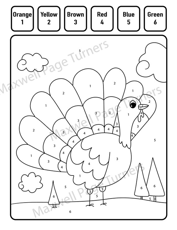Turkey color by number thanksgiving paint by number educational digital printable coloring worksheet kindergarten preschool instant download