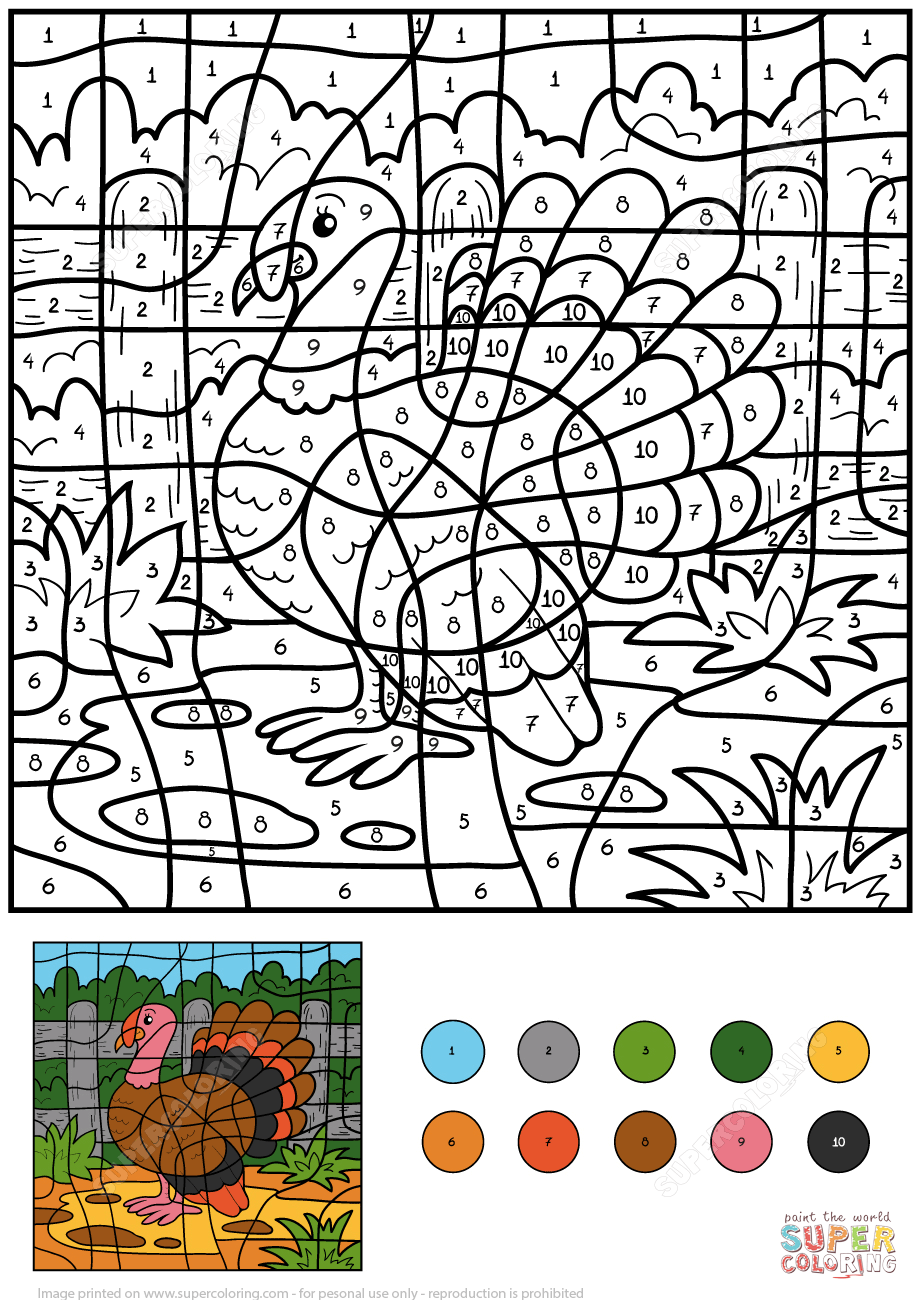 Turkey color by number free printable coloring pages