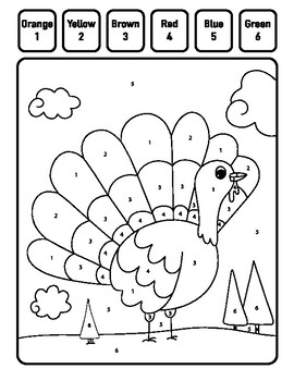 Thanksgiving turkey color by number coloring worksheet for ages