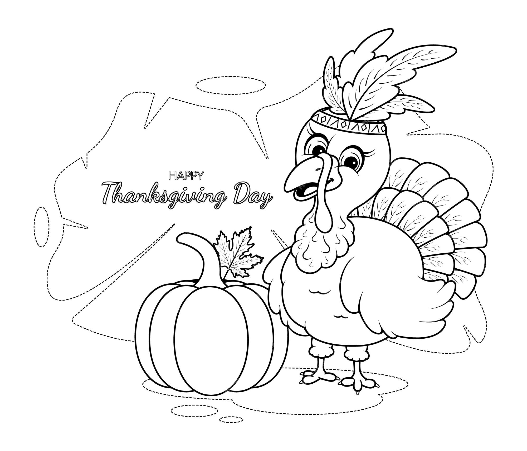 Premium vector coloring page a cartoon turkey and pumpkin