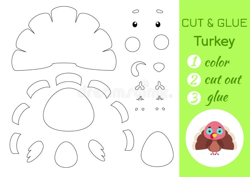 Color cut and glue paper little turkey cut and paste crafts activity page educational game for preschool children stock vector