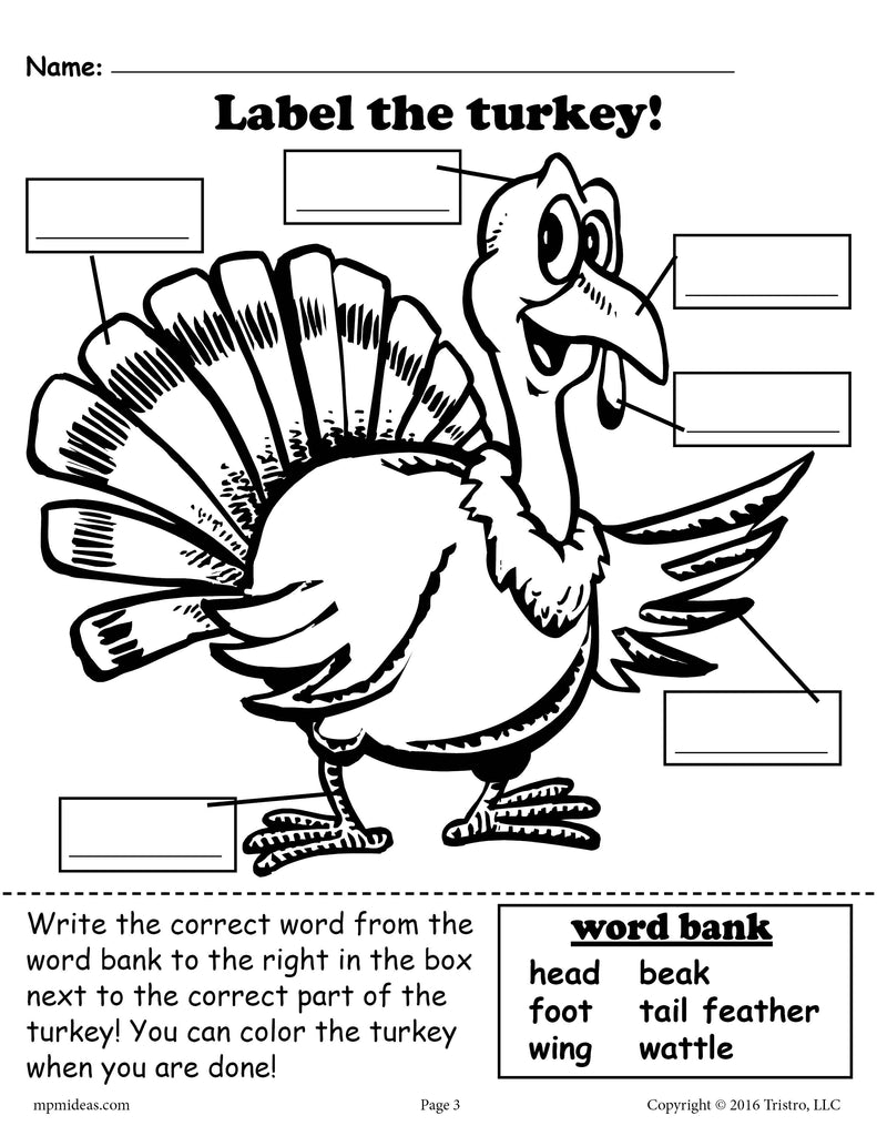 Label the turkey thanksgiving worksheet