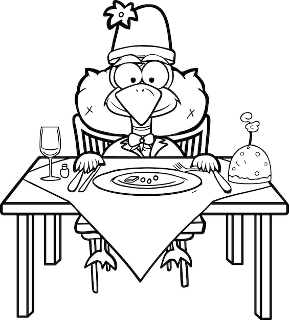 Premium vector cartoon turkey sitting at christmas dinner table black and white coloring page