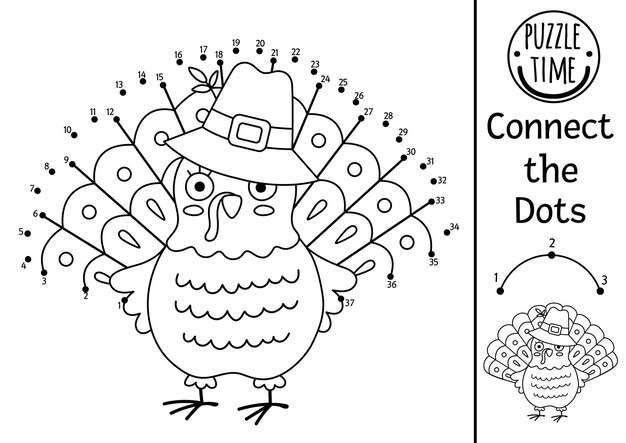 Premium vector vector dottodot and color activity with cute turkey thanksgiving connect the dots game for children with funny bird woodland coloring page for kids autumn holiday printable worksheetxa