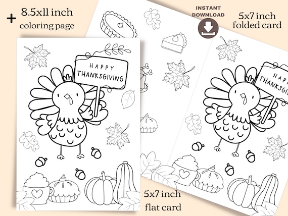 Cute thanksgiving turkey coloring card and coloring page for kids printable thanksgiving cards instant download thanksgiving diy card