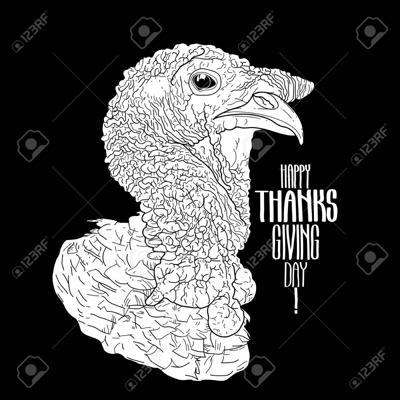 Vector turkey head drawn in line art style thanks giving day art isolated on black background coloring book page design for adults and kids royalty free svg cliparts vectors and stock illustration
