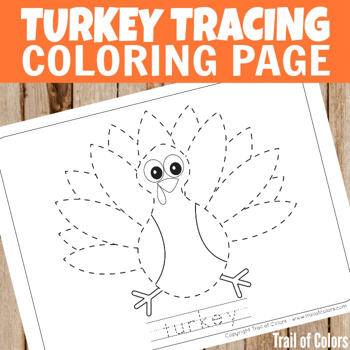 Cute turkey tracing coloring page for kids