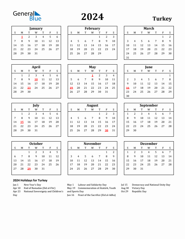 Turkey calendar with holidays