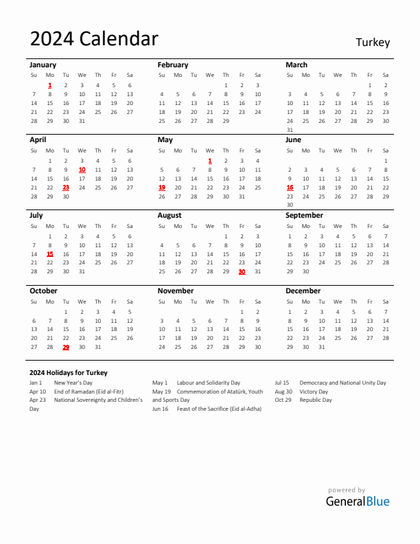 Turkey calendar with holidays