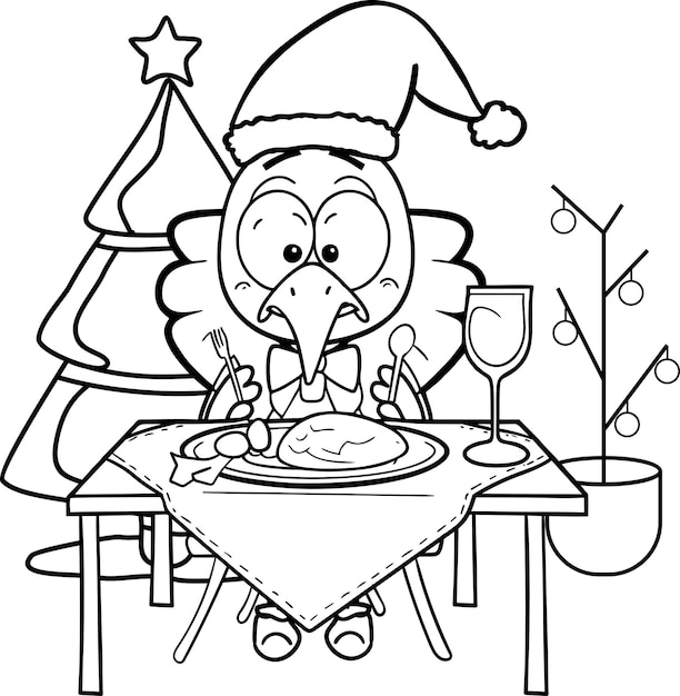 Premium vector cartoon turkey sitting at christmas dinner table black and white coloring page