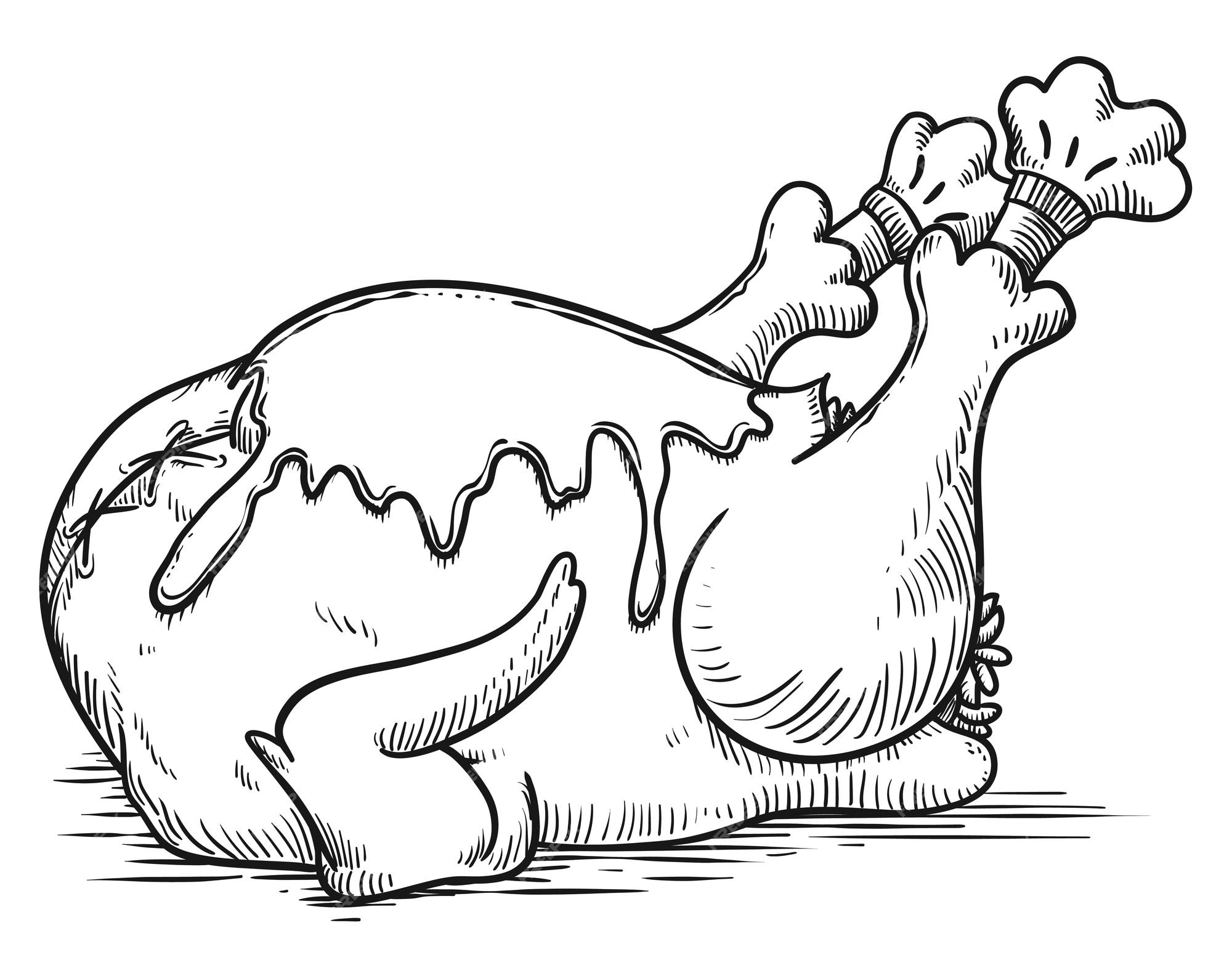 Premium vector stuffed turkey with sauce and decorated with leg booties for thanksgiving in hand drawn style