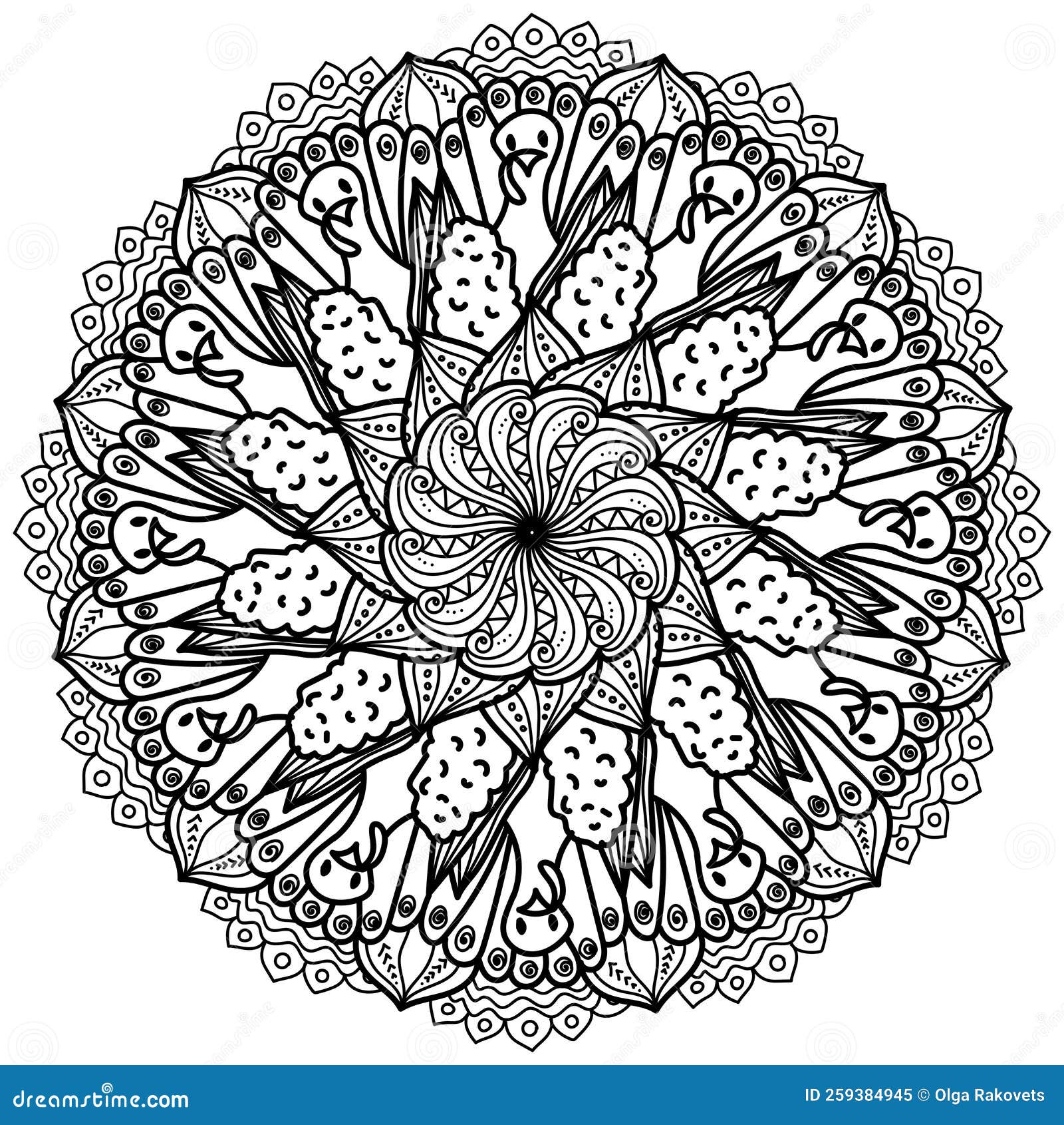Thanksgiving mandala with turkey and corn meditative patterned coloring page stock vector