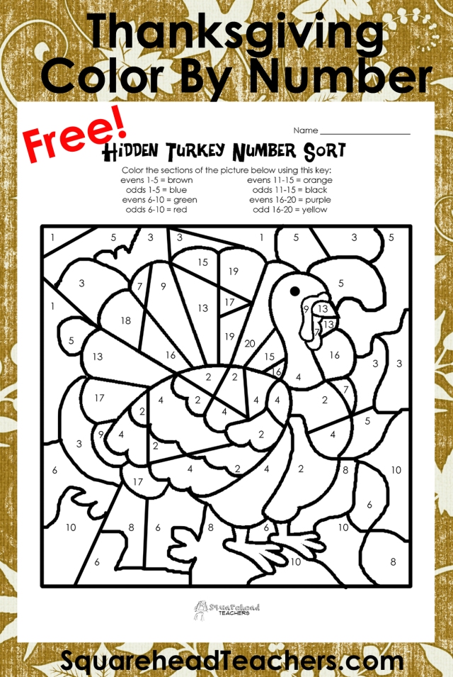 Thanksgiving color by number oddevens sort squarehead teachers