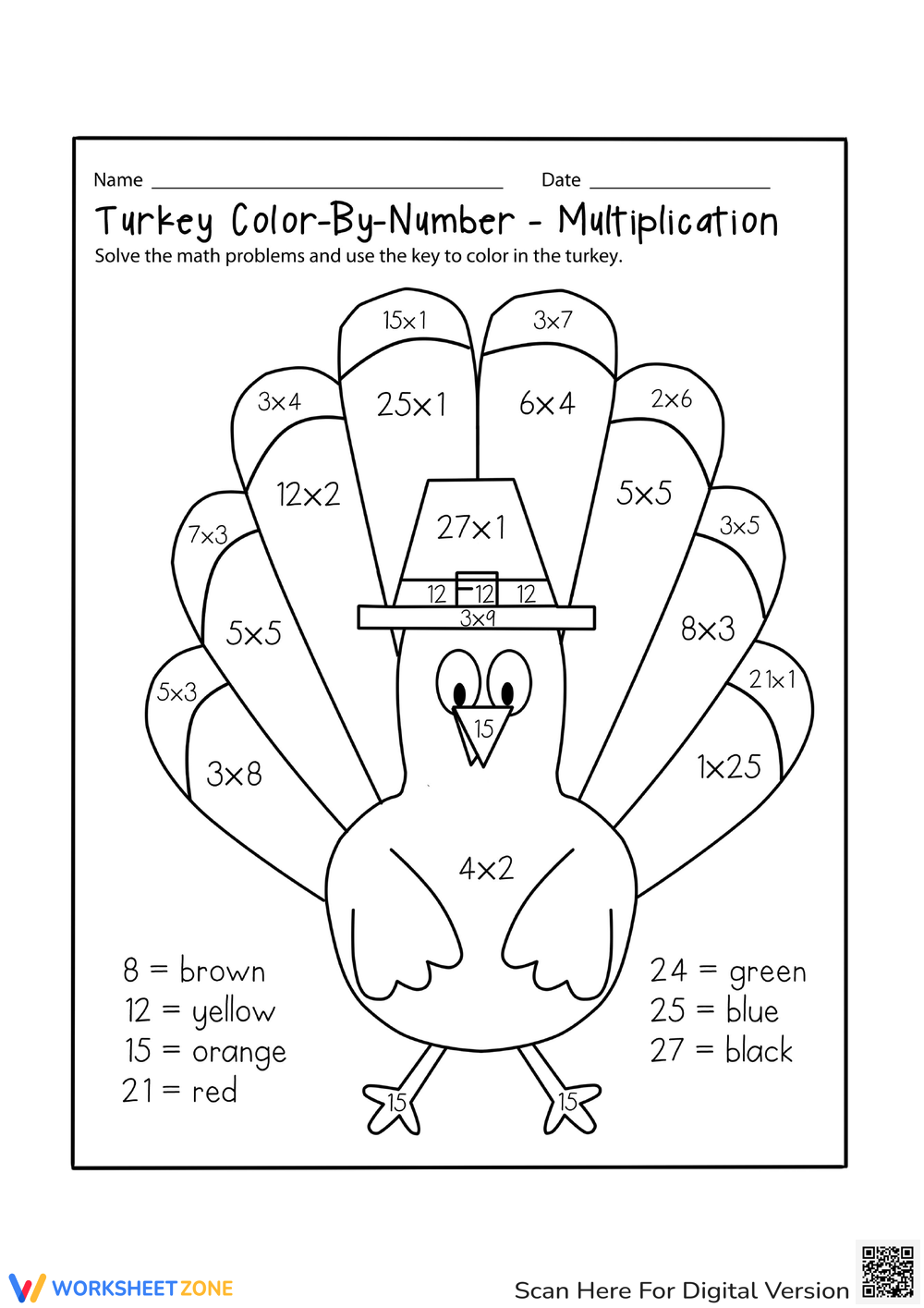 Free collection of multiplication thanksgiving worksheets