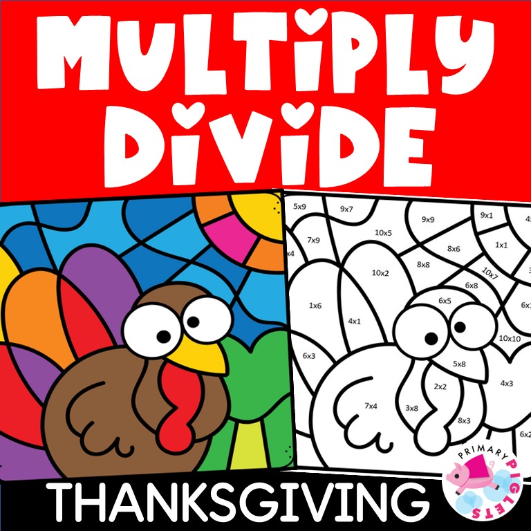 Thanksgiving multiplication divide color by number made by teachers