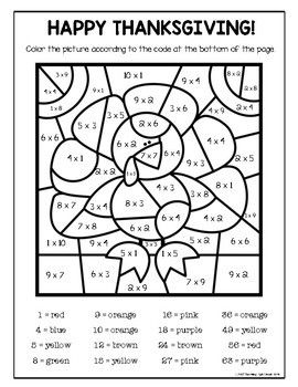 Thanksgiving multiplication color by number code thanksgiving multiplication thanksgiving math worksheets math worksheets