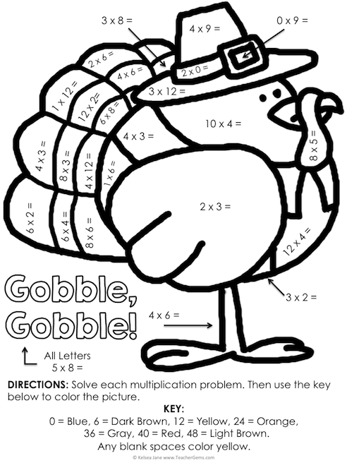 Thanksgiving color by number multiplication and division facts