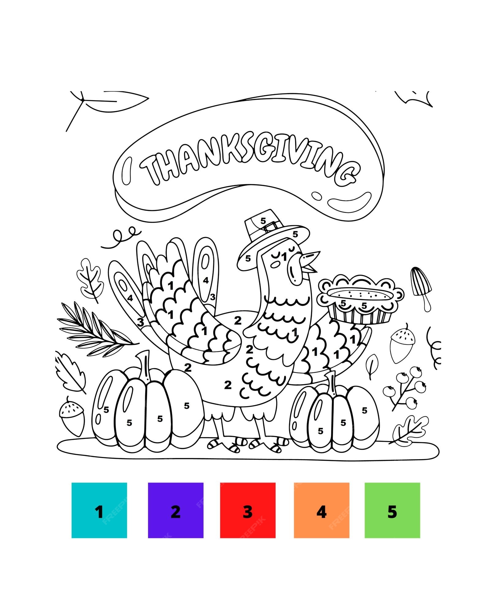 Premium vector color by number thanksgiving coloring pages thanksgiving color by number page for kids