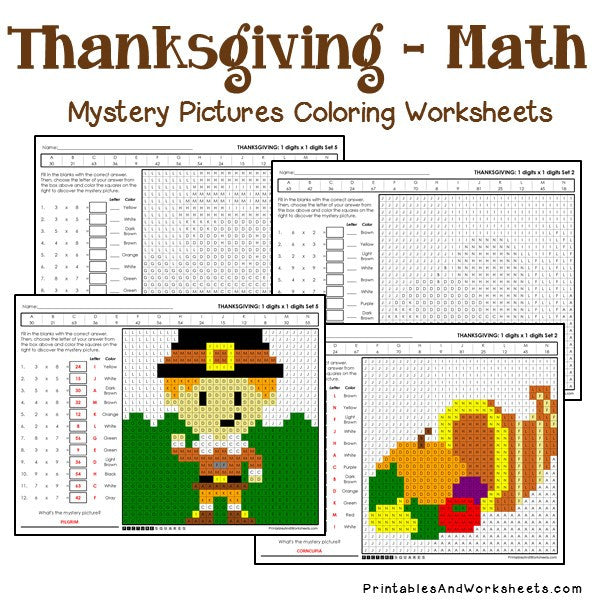 Thanksgiving multiplication mystery pictures coloring worksheets