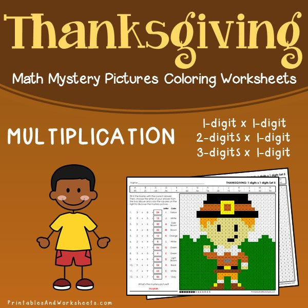 Thanksgiving multiplication mystery pictures coloring worksheets