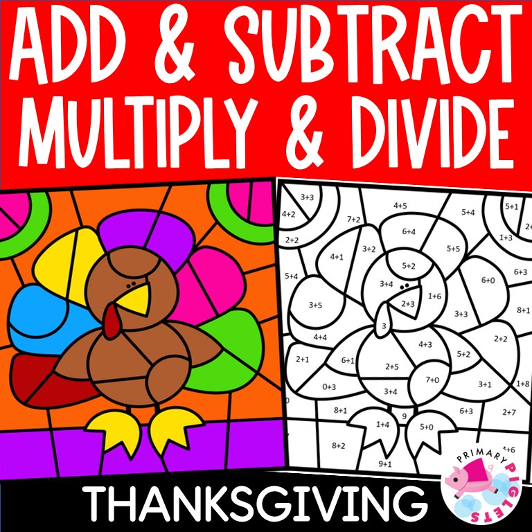Thanksgiving color by code math facts bundle made by teachers