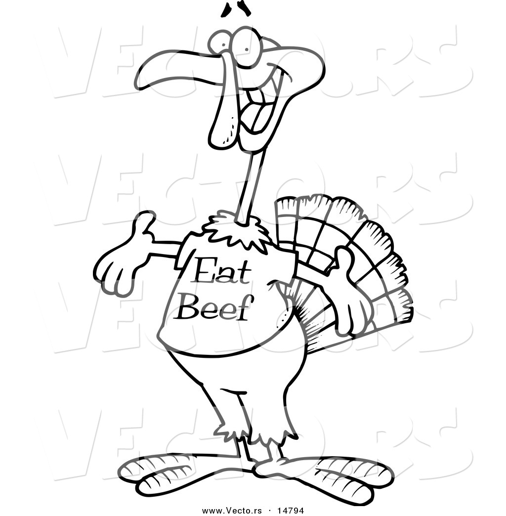 R of a cartoon turkey bird wearing an eat beef shirt