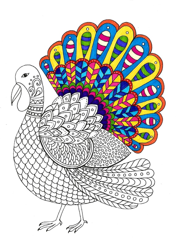 Turkey thanksgiving coloring page instant pdf download hand drawn adult coloring page diy