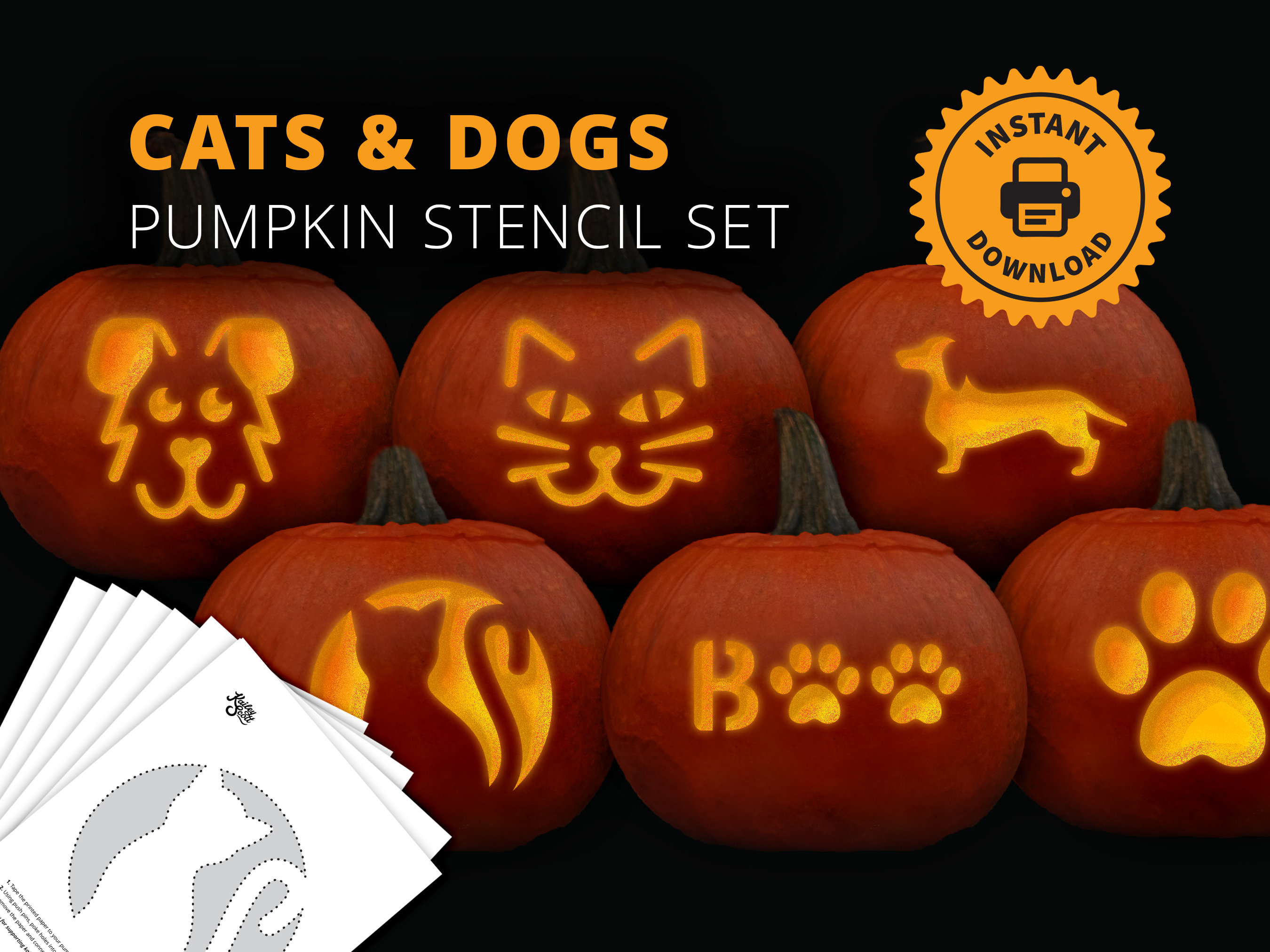 Cats and dogs printable pumpkin carving stencil set animal lover jack