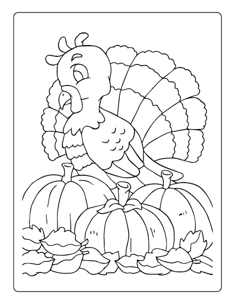 Premium vector thanksgiving coloring pages for kids with turkey and pumpkin black and white activity worksheet
