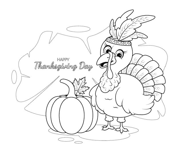 Premium vector coloring page a cartoon turkey and pumpkin