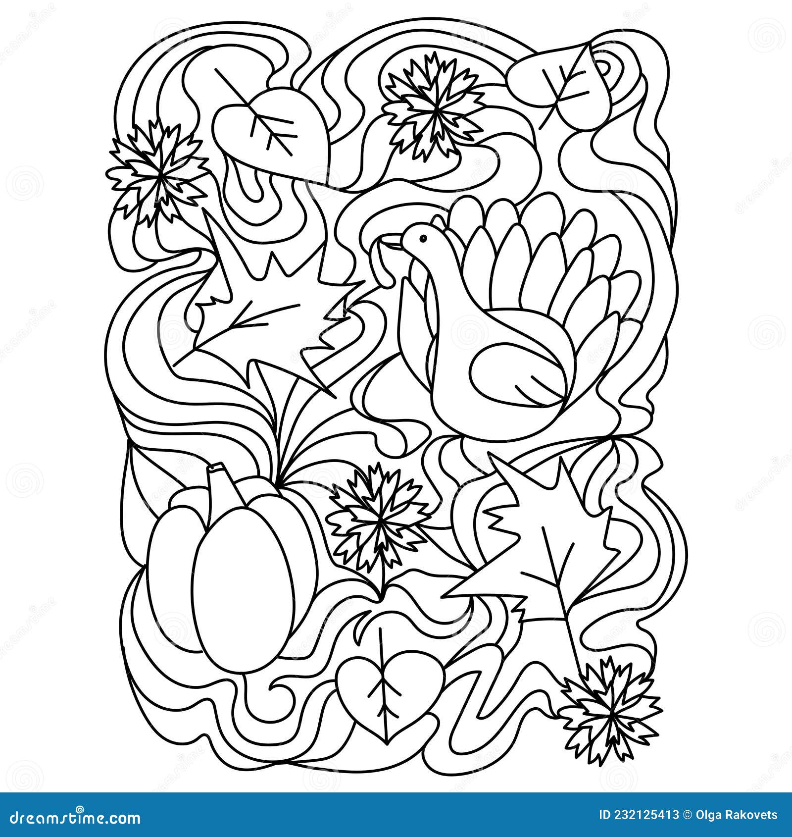 Thanksgiving coloring page turkey pumpkin and flowers with ornate patterns stock vector