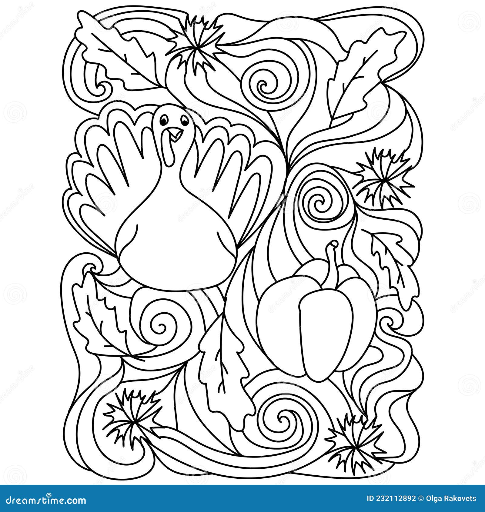 Thanksgiving coloring page turkey pumpkin and chrysanthemums with ornate patterns stock vector