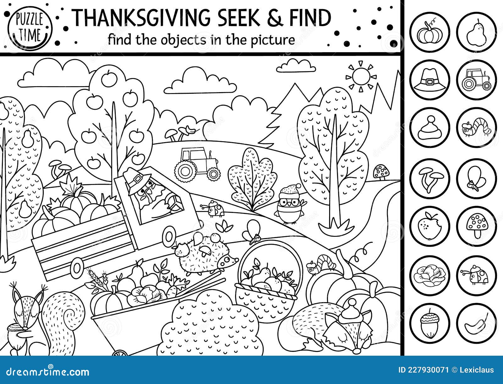 Vector black and white thanksgiving searching game or coloring page with cute turkey in the field spot hidden objects stock vector