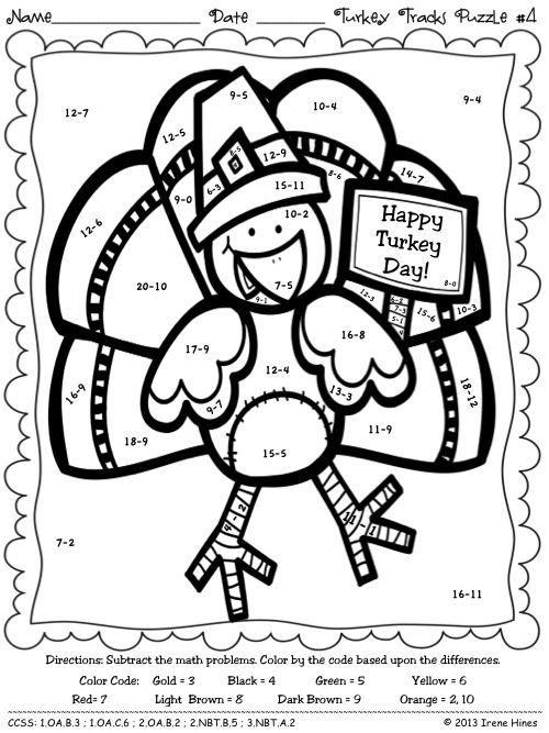Thanksgiving math color by number code addition subtraction turkey coloring page thanksgiving math coloring math coloring worksheets math sheets