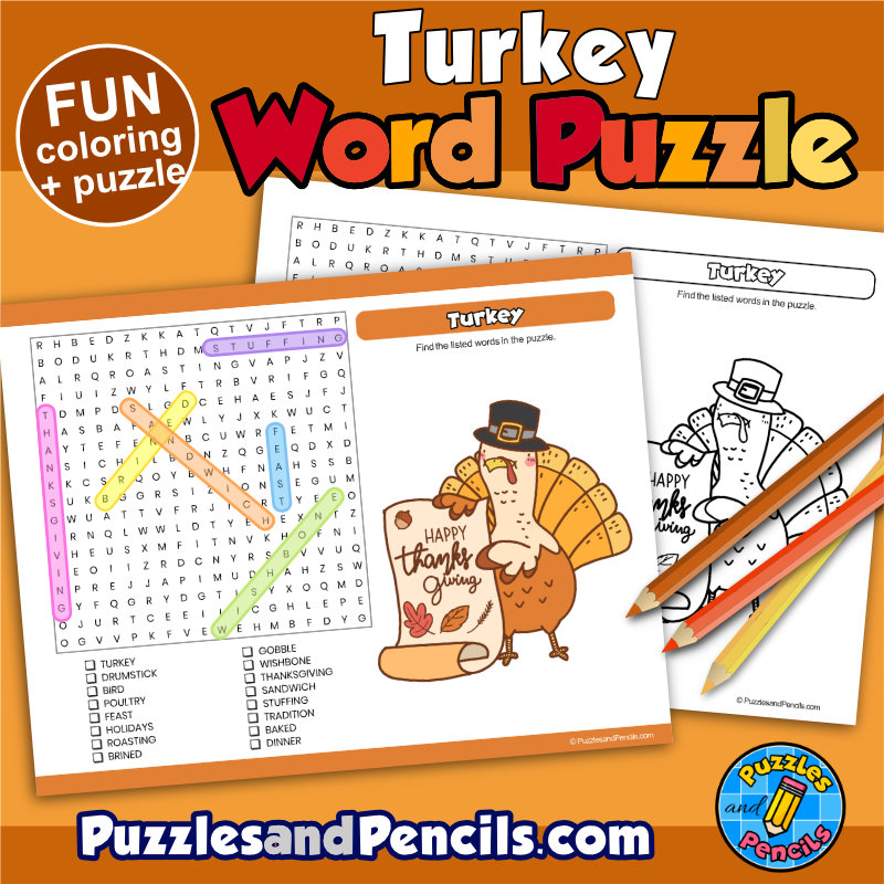 Turkey word search puzzle activity page with coloring thanksgiving made by teachers