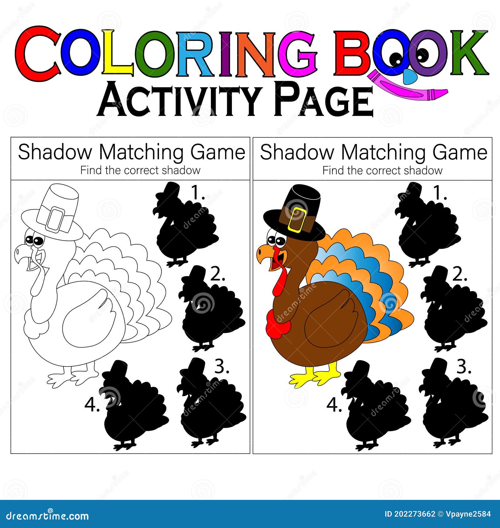 Shadow matching game thanksgiving themed turkey puzzle game for kids coloring book black white and color version stock vector