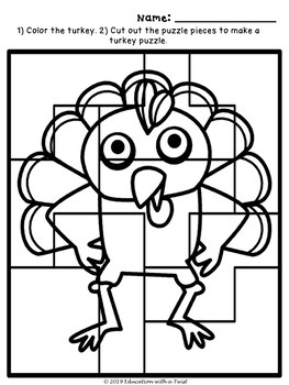 Turkey coloring puzzle and parts of a turkey worksheet tpt