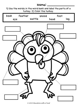 Turkey coloring puzzle and parts of a turkey worksheet tpt