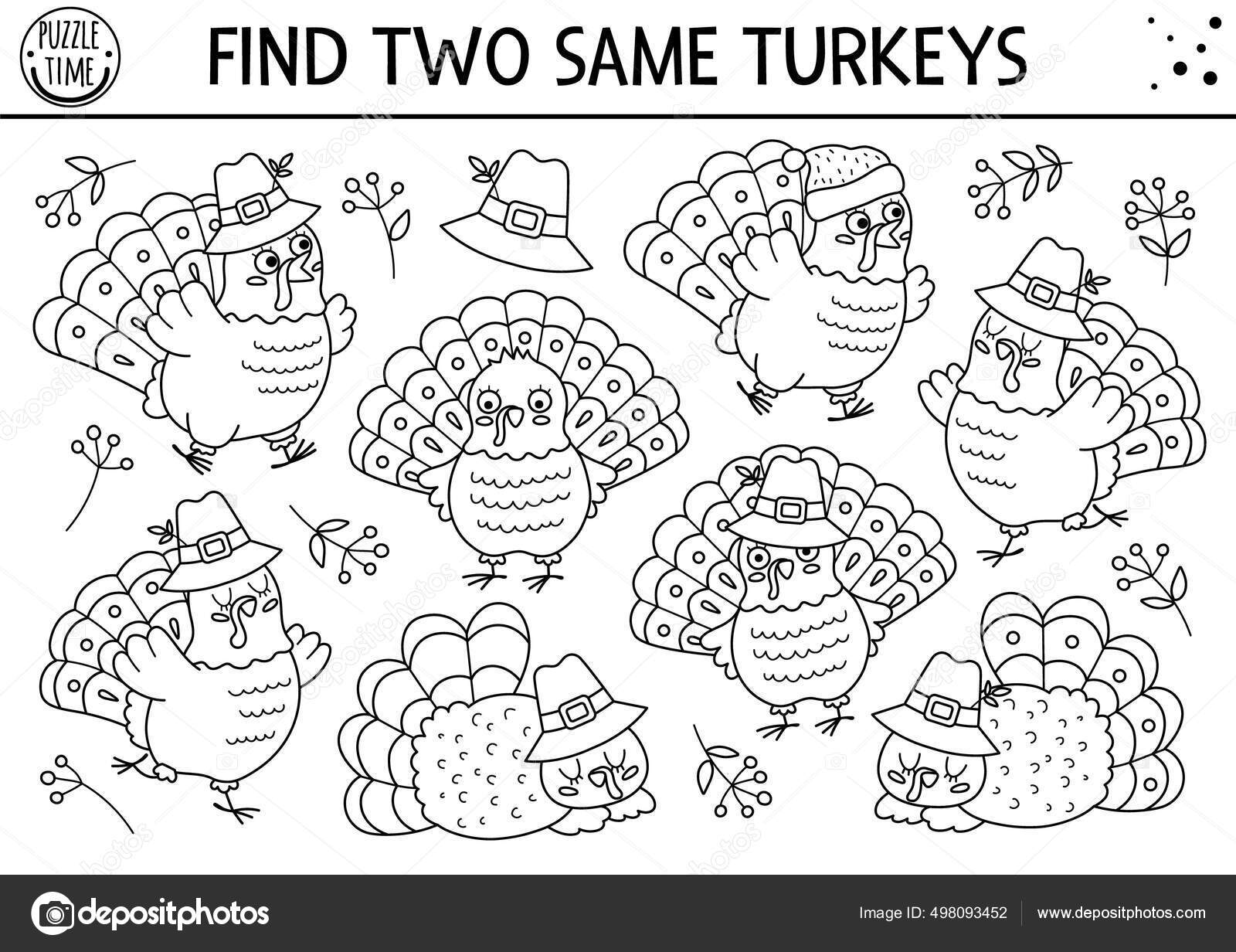 Find two same turkeys thanksgiving black white matching activity children stock vector by lexiclaus