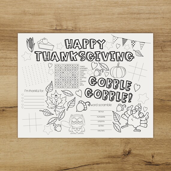 Printable kids thanksgiving placemat coloring page for turkey day coloring games and puzzles page printable digital download